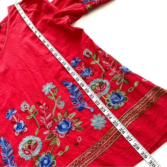 CALESSA Red Cotton Tunic Top Plus Size 1X Boho Embroidered Floral  V-neck Summer - Picture 13 of 14
